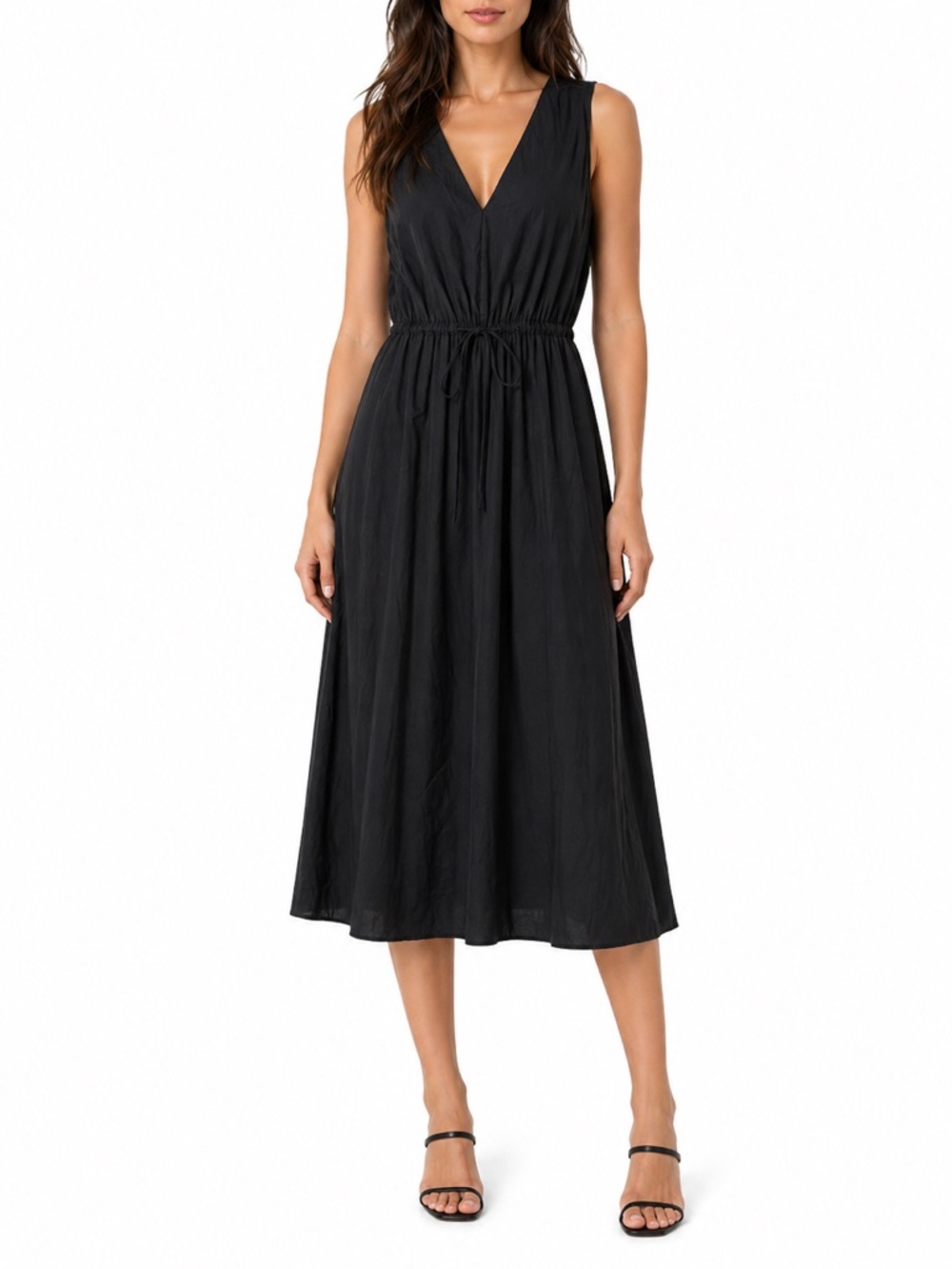 Vince. Drawstring V Neck Linen Blend Dress In‎ Black